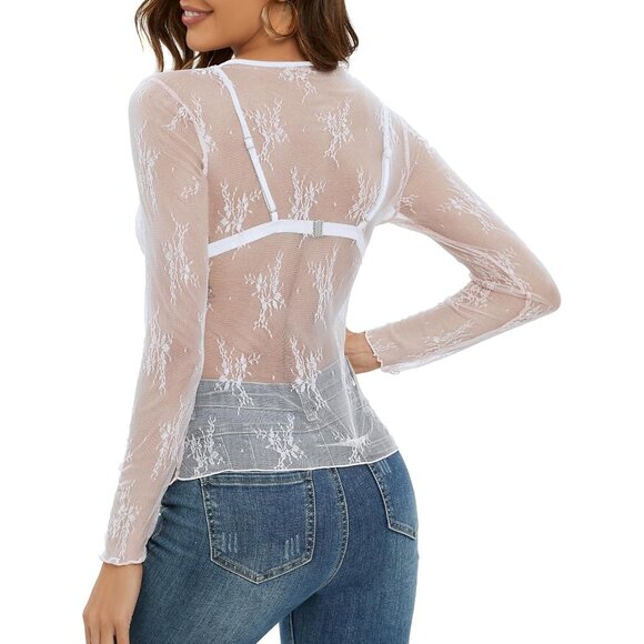 Women's Sheer Lace Mesh Top Small See Through Long Sleeve Casual Blouse - Picture 3 of 7